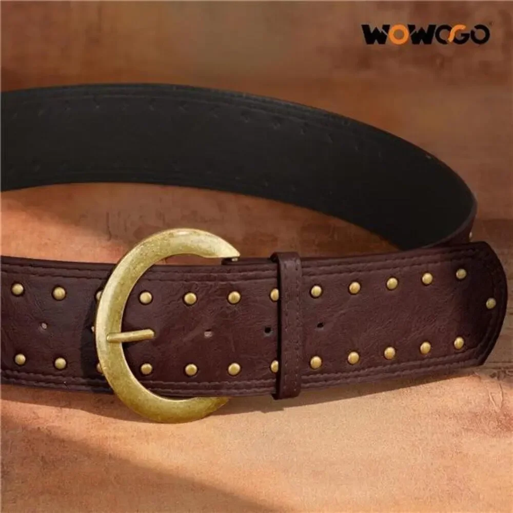 Wide Chunky Studded Brown Leather Vintage Style Waist Belt with Brass Buckle